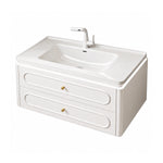 French wall‑mount single‑sink bathroom vanity, white‑background product image, no glass‑door version, two large curved‑embossed drawers, rounded cabinet profile