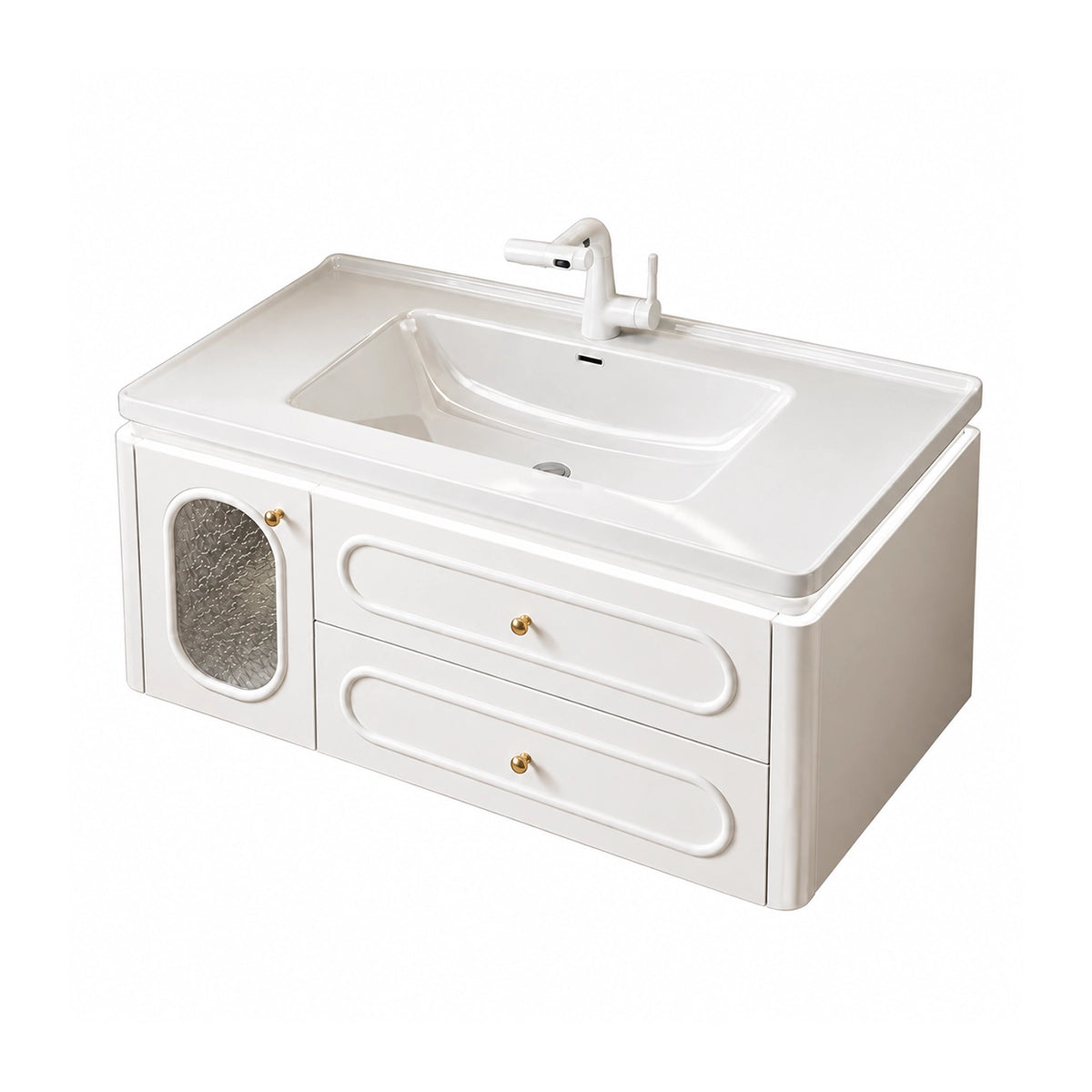 French cream‑style floating bathroom vanity, white‑background product shot, side cabinet with oval crackled glass door, two‑drawer layout, complete set of round gold knobs