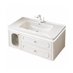 French cream‑style floating bathroom vanity, white‑background product shot, side cabinet with oval crackled glass door, two‑drawer layout, complete set of round gold knobs