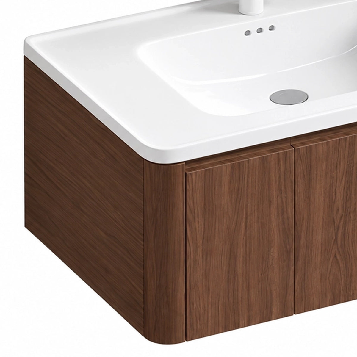 Cabinet corner close‑up, rounded corner design, brown wood grain, seamless joint with white integrated sink top