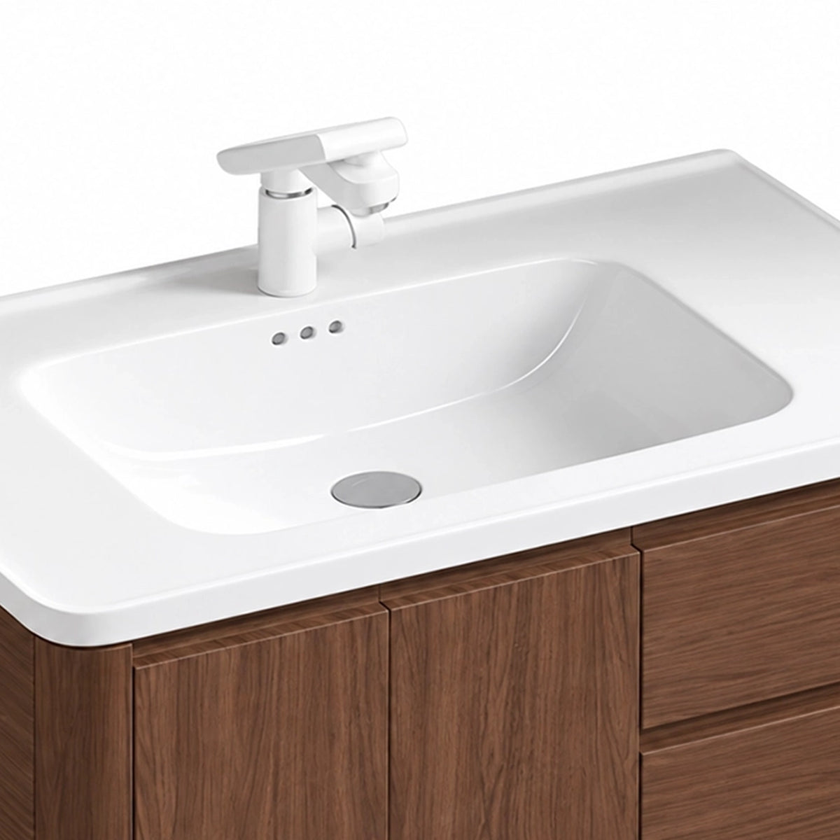 Sink & faucet partial shot, deep integrated ceramic basin, white pull‑out faucet, countertop overflow holes