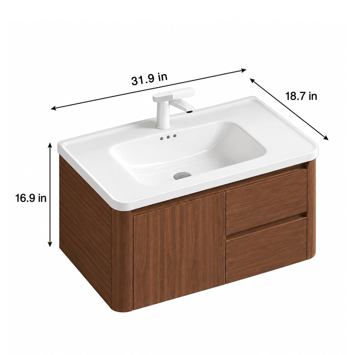 Brown wood‑grain wall‑mount bathroom vanity, 31.9in.