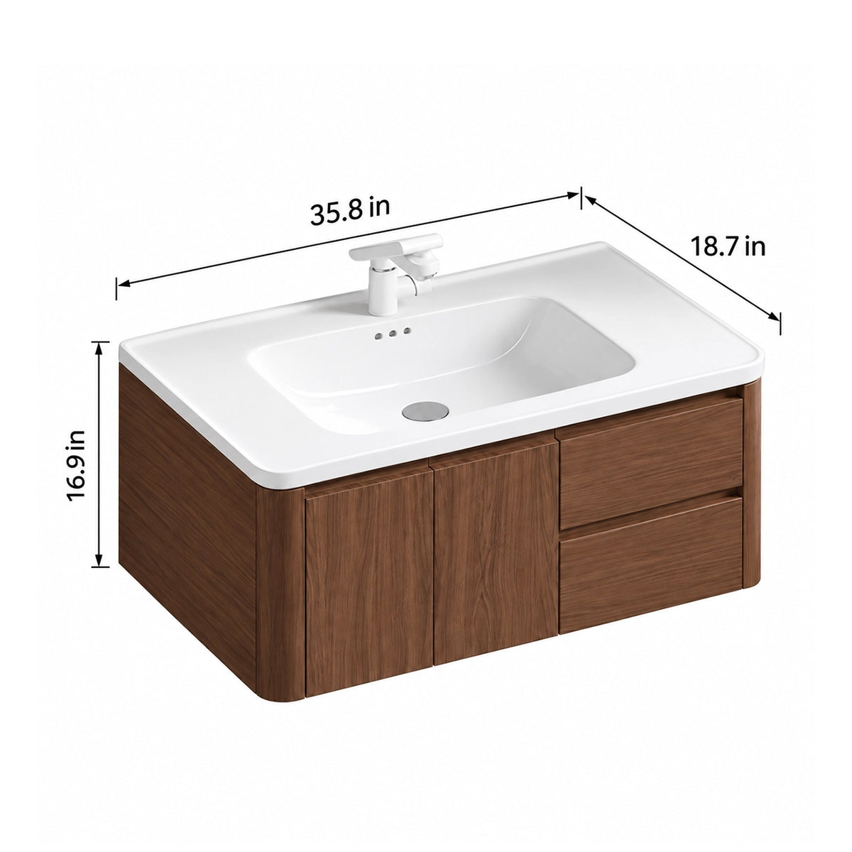 Brown wood‑grain wall‑mount bathroom vanity, 35.8in.