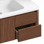 Open‑drawer close‑up, double‑drawer storage layout, brown wood‑grain panel, deep storage capacity
