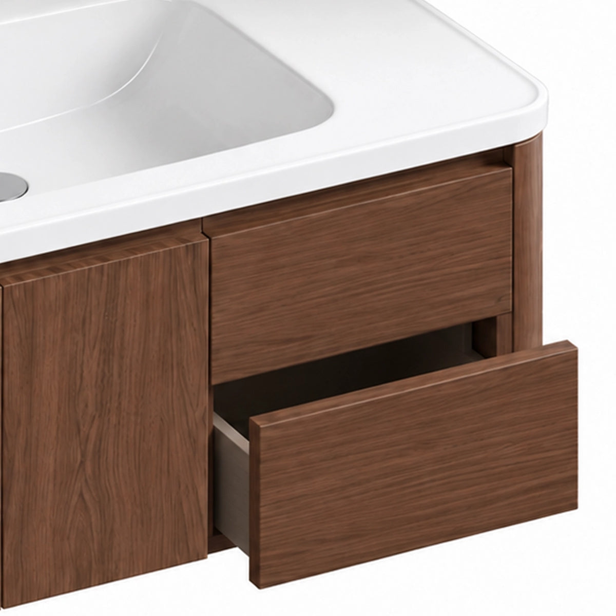 Open‑drawer close‑up, double‑drawer storage layout, brown wood‑grain panel, deep storage capacity