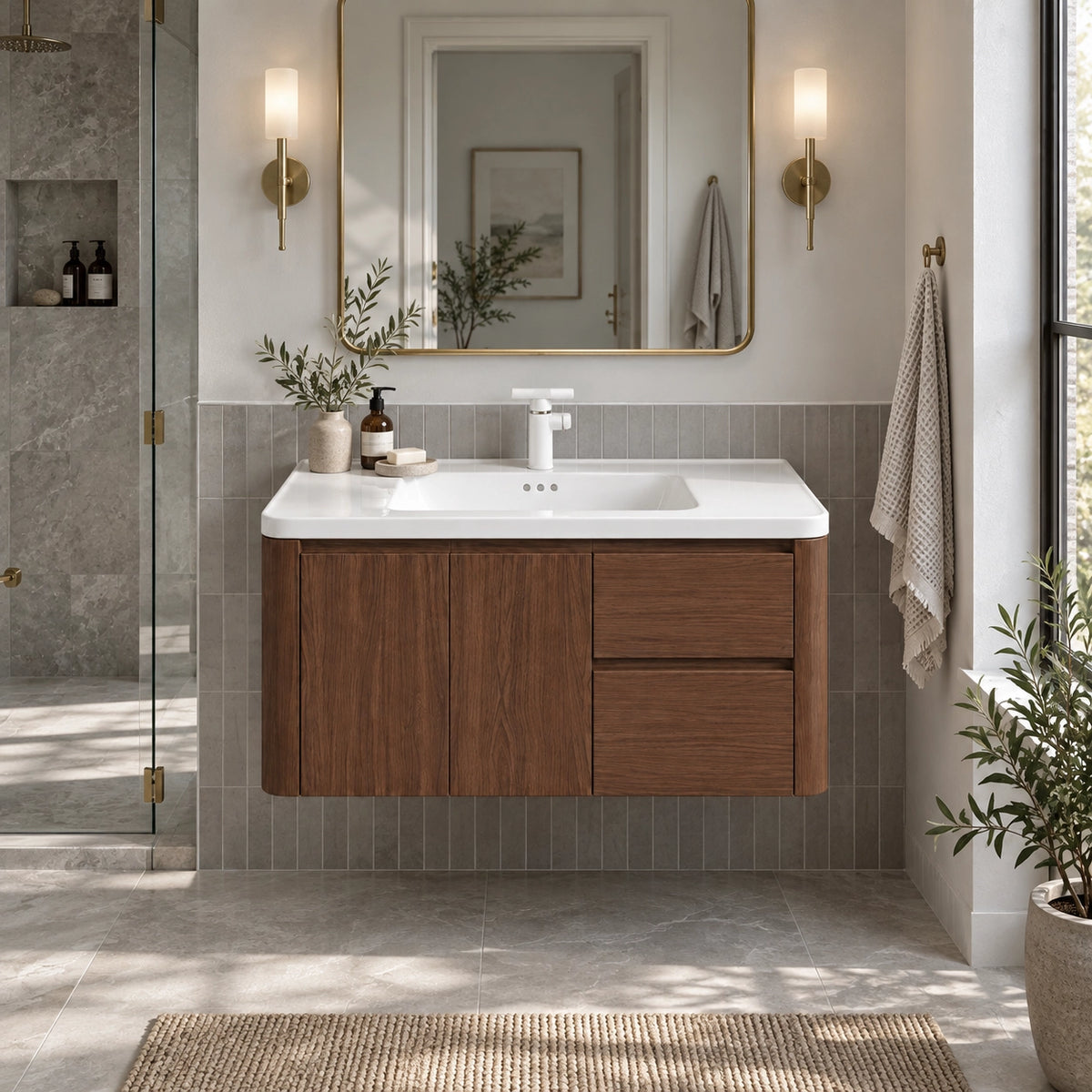 Brown wood‑grain floating bathroom vanity, modern mid‑century main bathroom, gold wall sconces & gold‑frame mirror, vertical grey wall tiles, glass shower enclosure