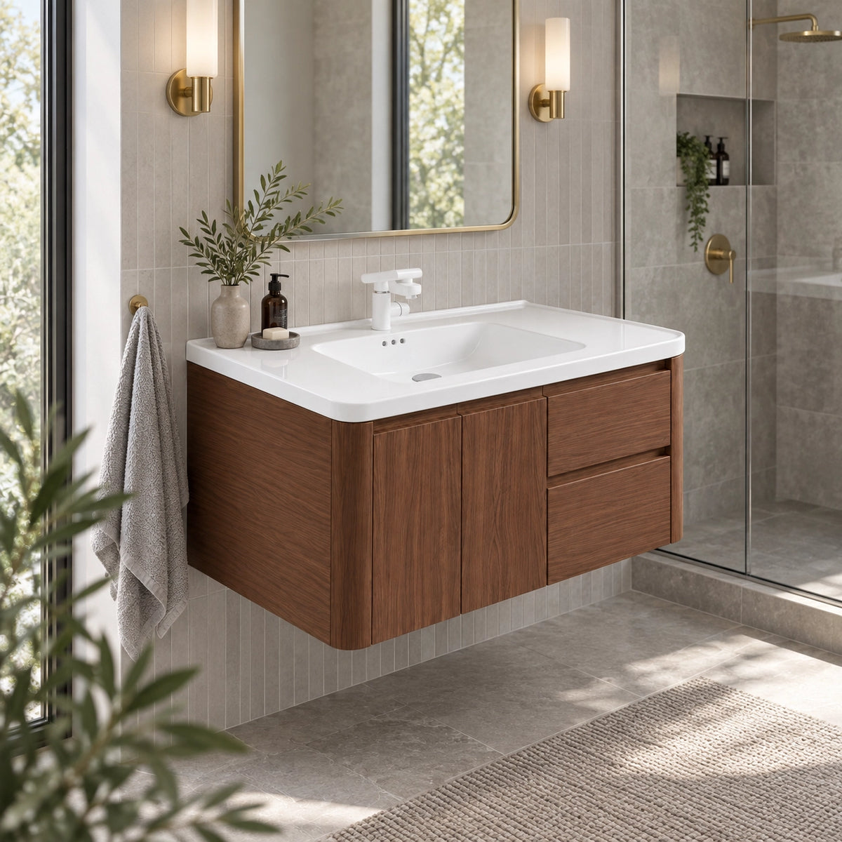 Brown wood‑grain wall‑mount vanity, bathroom side‑view scene, natural light from large window, glass shower room, light‑grey vertical tiles