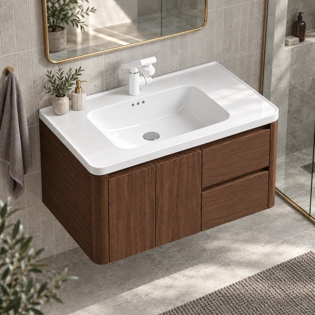 Brown wood‑grain floating bathroom cabinet, bathroom oblique scene, integrated ceramic countertop sink, towel ring, partial shower area