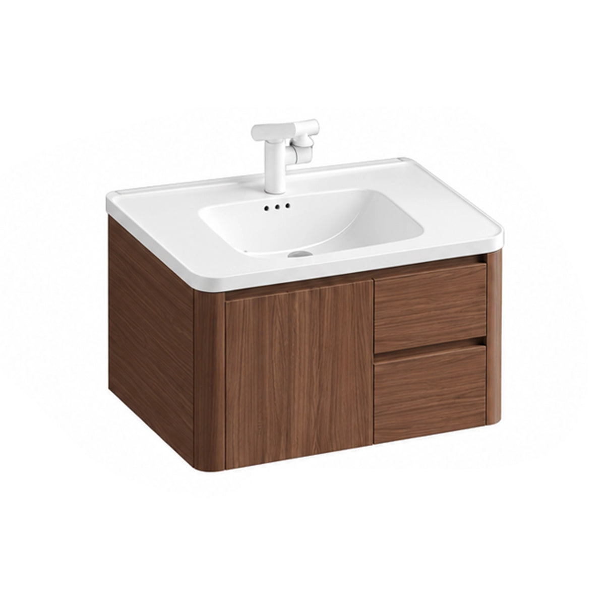 Mid‑century floating bathroom vanity, white‑background product image, 2‑door & 2‑drawer layout, soft rounded corners, equipped with pull‑out faucet