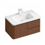 Brown wall‑mount bathroom sink cabinet, white‑background product shot, single door plus two drawers, smooth curved cabinet body, one‑piece ceramic counter