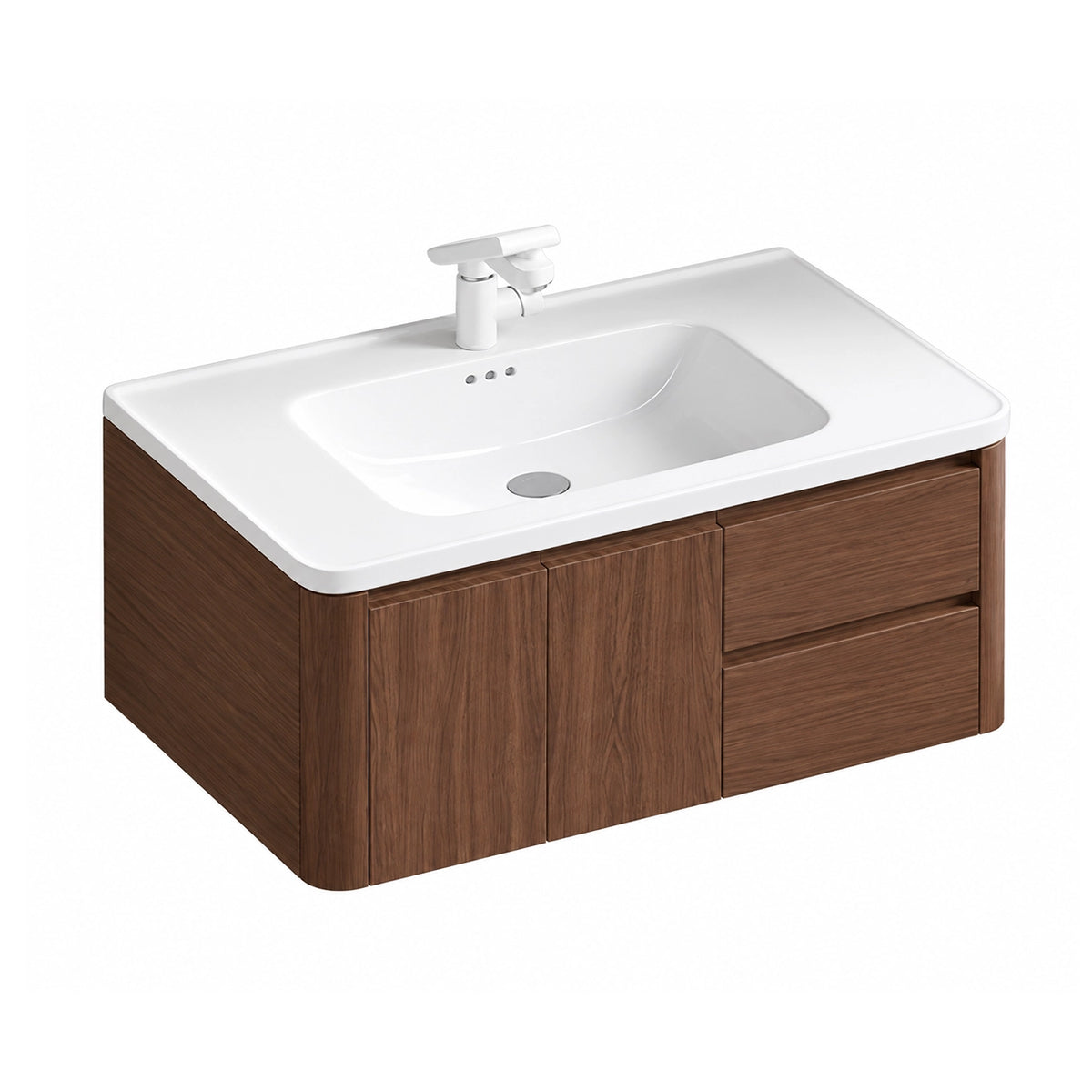 Retro brown wood‑grain floating vanity, white‑background product view, double doors and two drawers, full wrapped rounded profile, simple handle‑less style