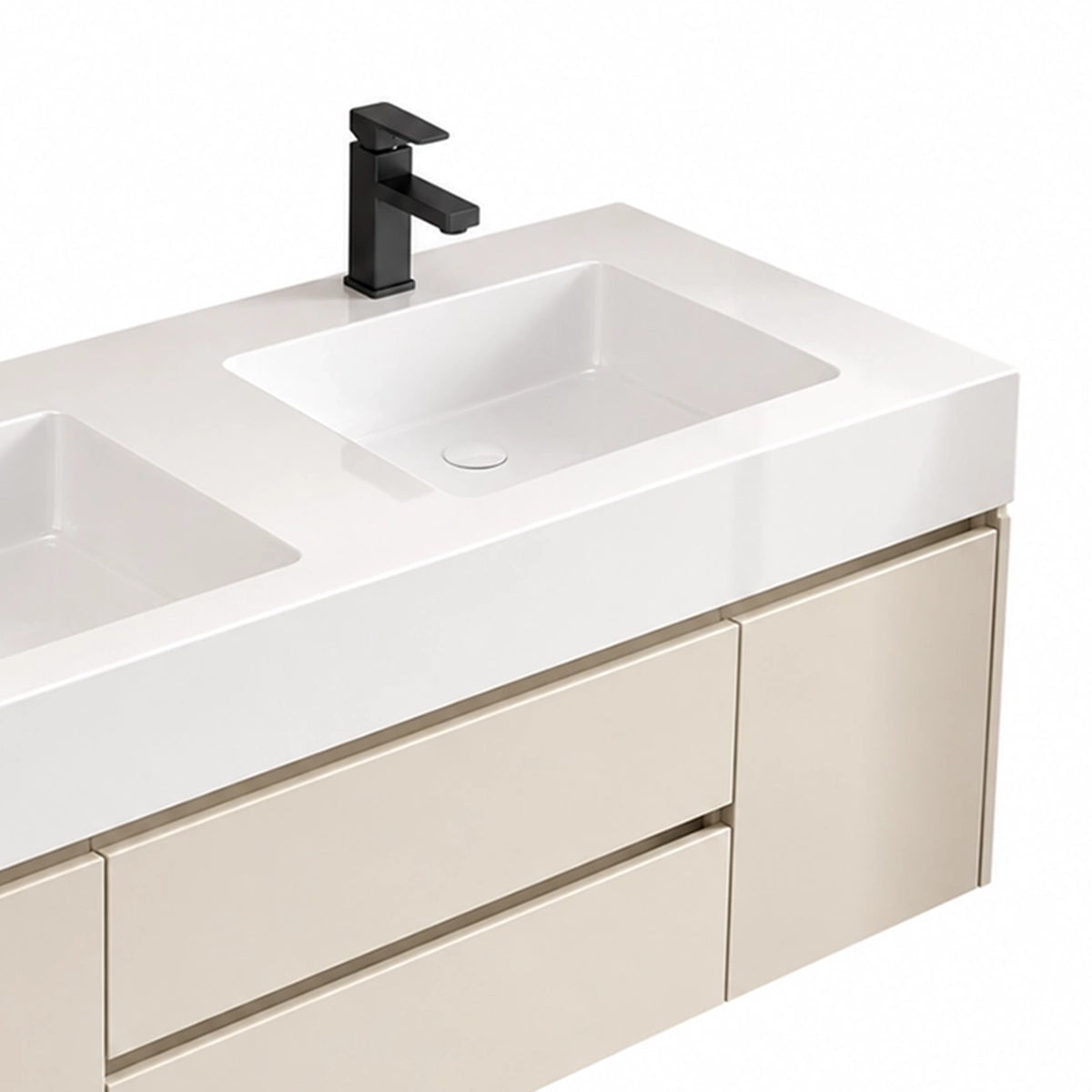 Close‑up of white integrated sink and matte black faucet