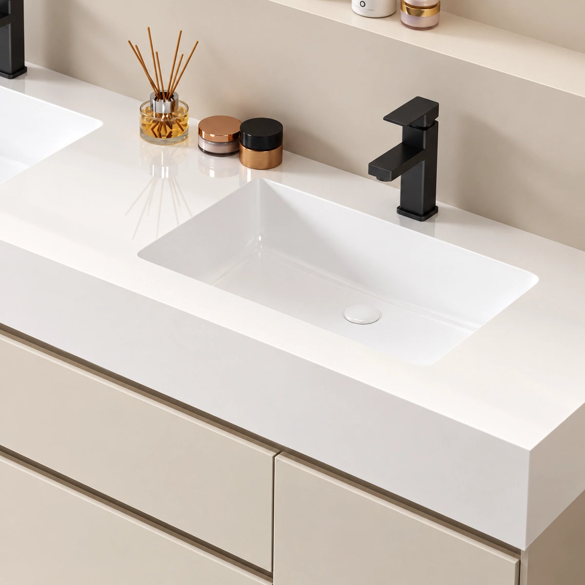 Detail of seamless glossy white countertop & square sink