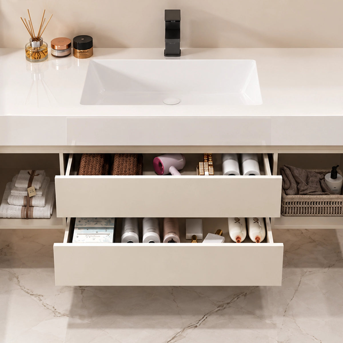 Open drawers view showing vanity inner storage layout