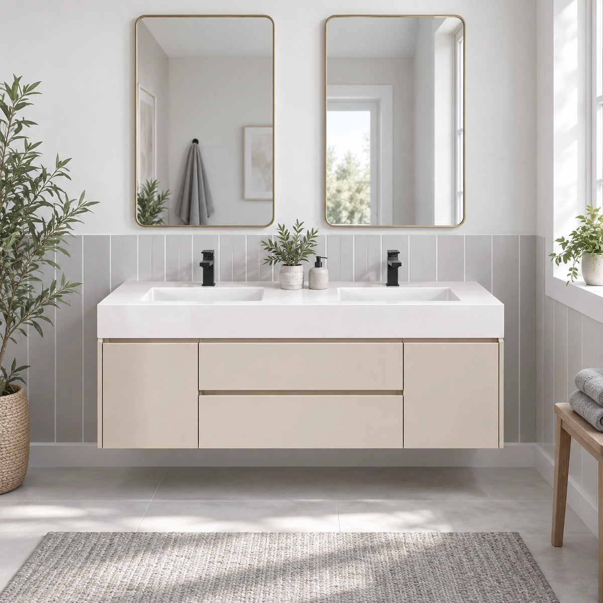 Floating double‑sink vanity installed in bright tidy bathroom