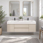 Floating double‑sink vanity installed in bright tidy bathroom