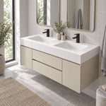 Wall‑mount double basin vanity beside large bathroom window