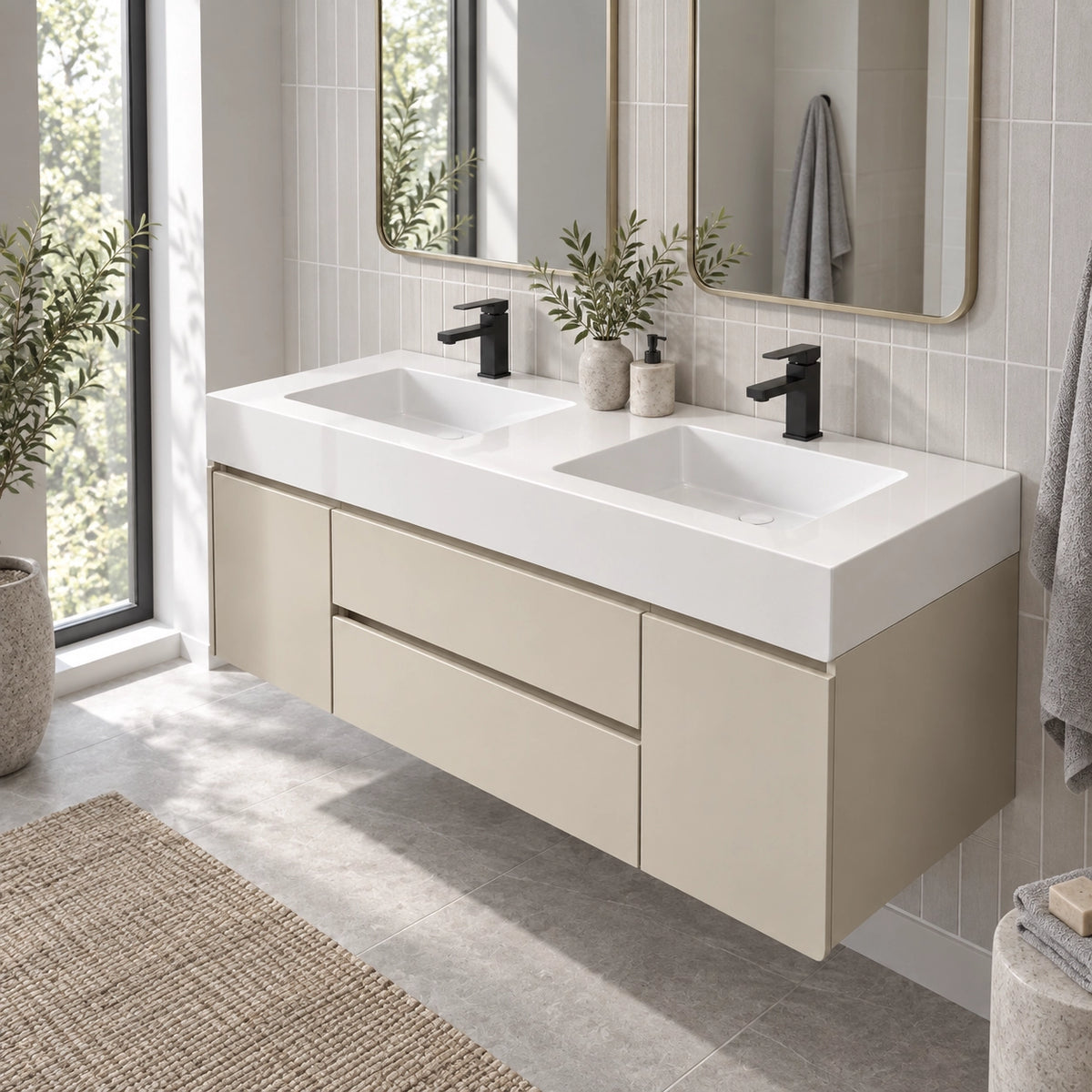 Wall‑mount double basin vanity beside large bathroom window