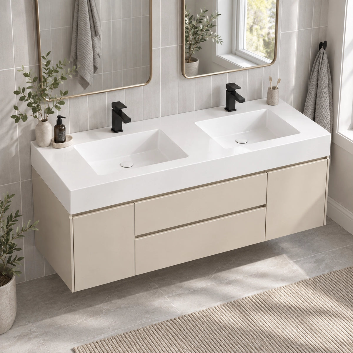 cream floating double sink vanity in light tiled washroom