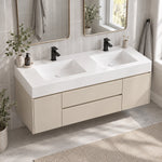 cream floating double sink vanity in light tiled washroom