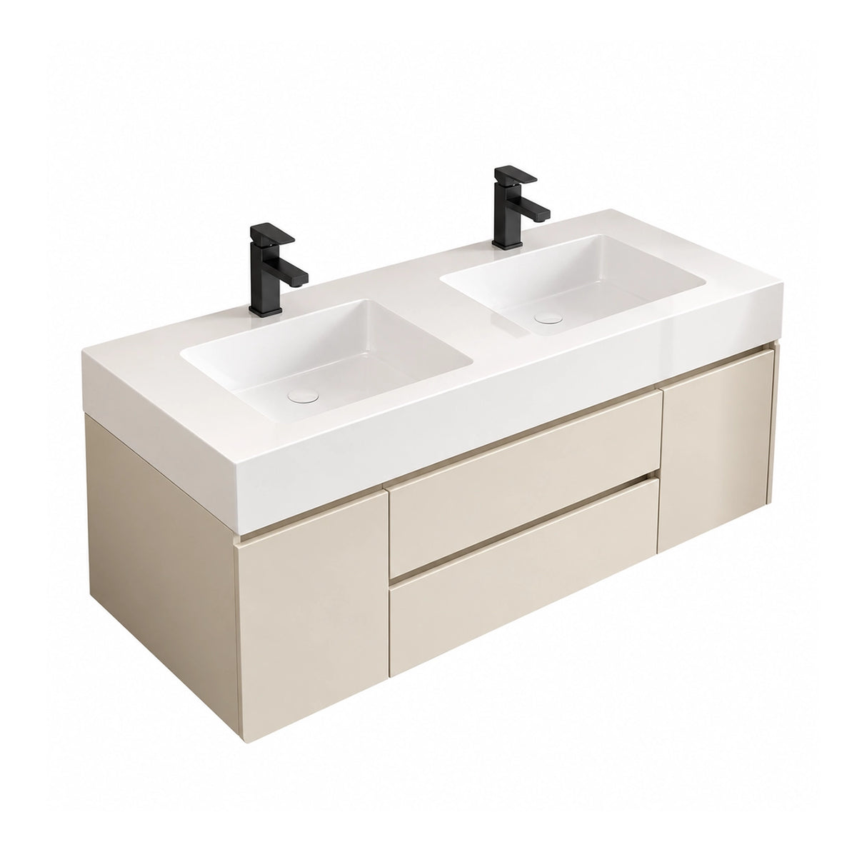 Wall‑mounted double‑sink bathroom vanity, cream cabinet & solid integrated top