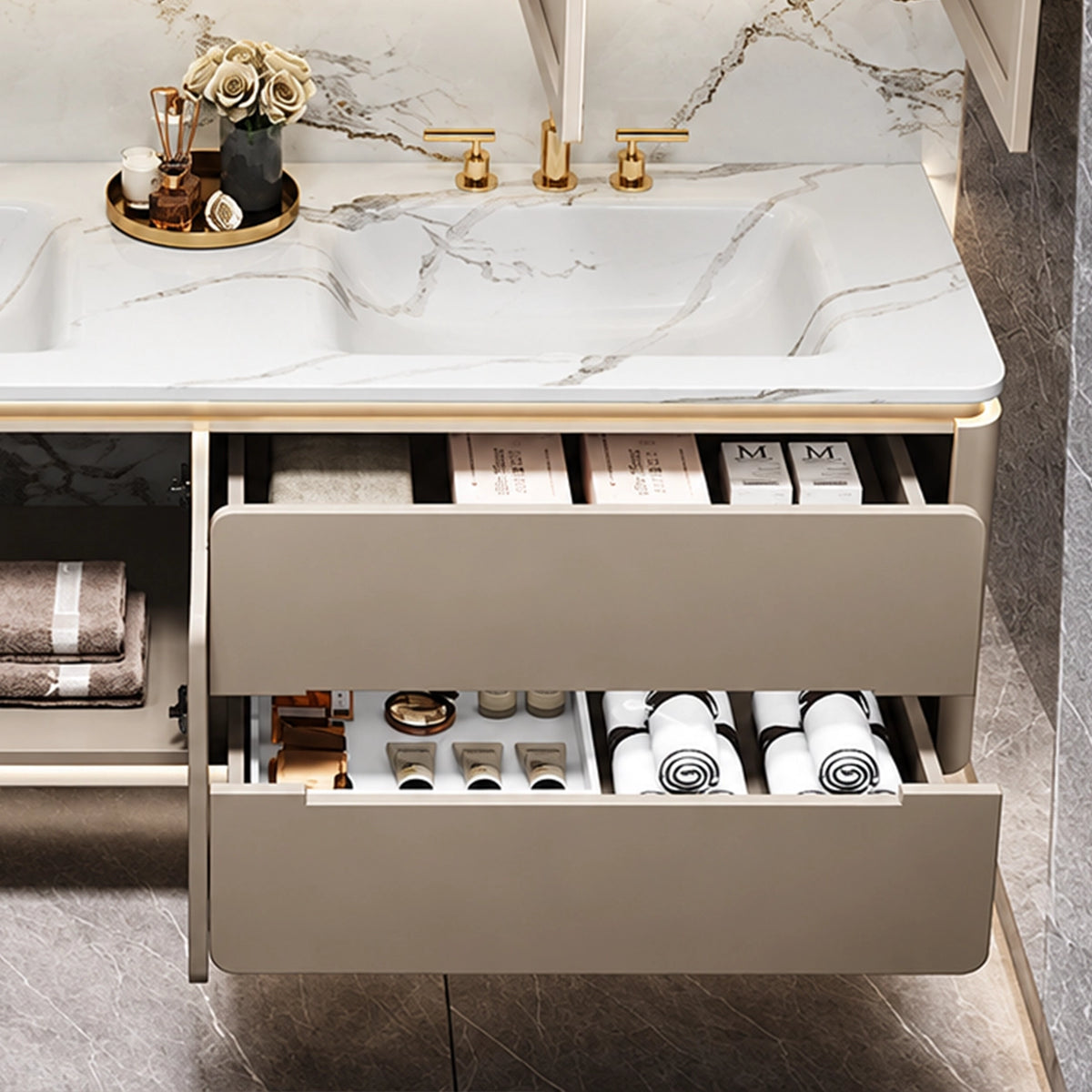 Open drawers view, floating vanity showing inner storage space