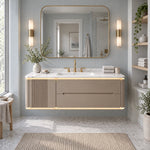 Wall-mounted cream vanity with ambient light in bright bathroom