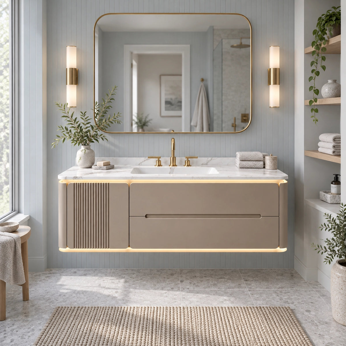 Wall-mounted cream vanity with ambient light in bright bathroom