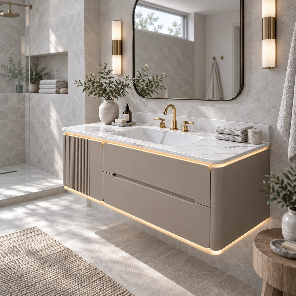 Floating bathroom vanity, marble countertop inside shower bathroom