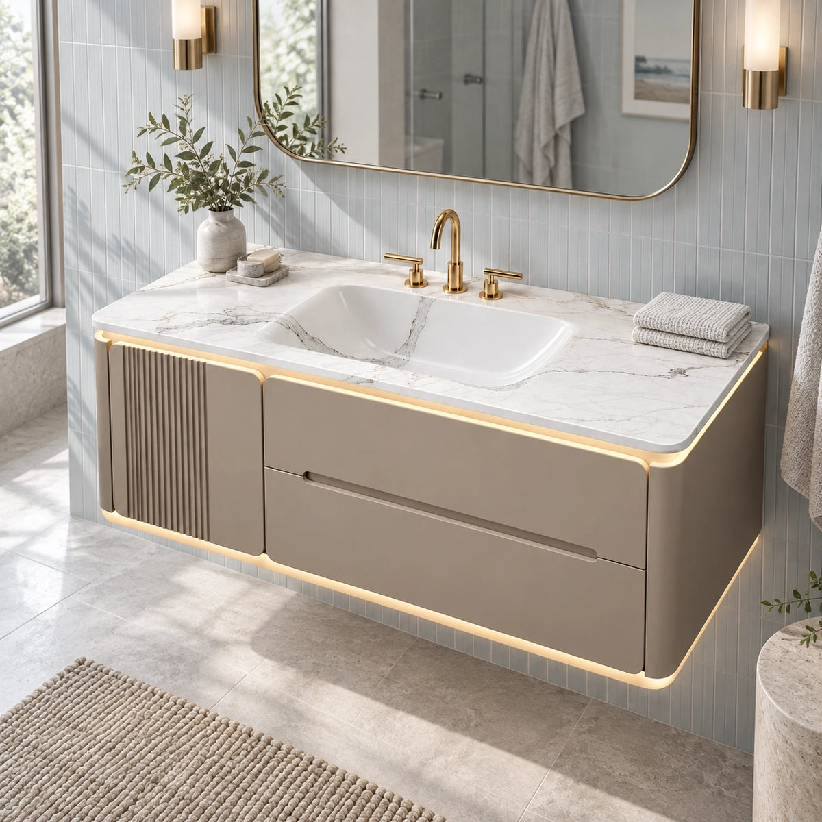 Striped door floating vanity beside tiled bathroom window