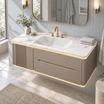 Striped door floating vanity beside tiled bathroom window