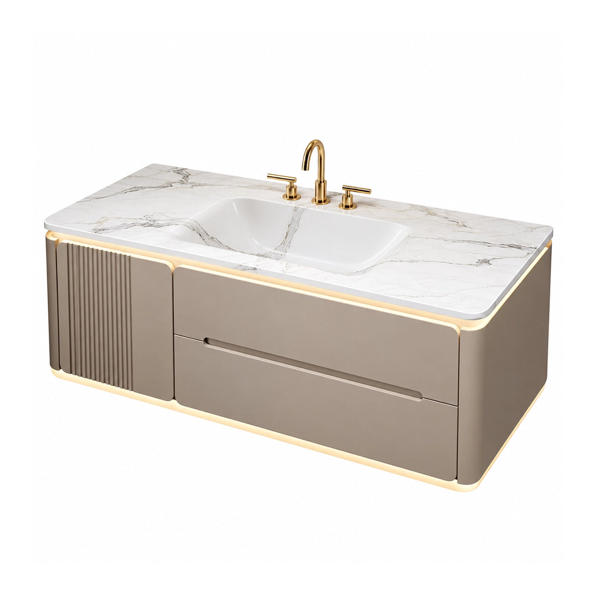 Wall‑mounted single sink bathroom vanity, fluted panel & LED light strip
