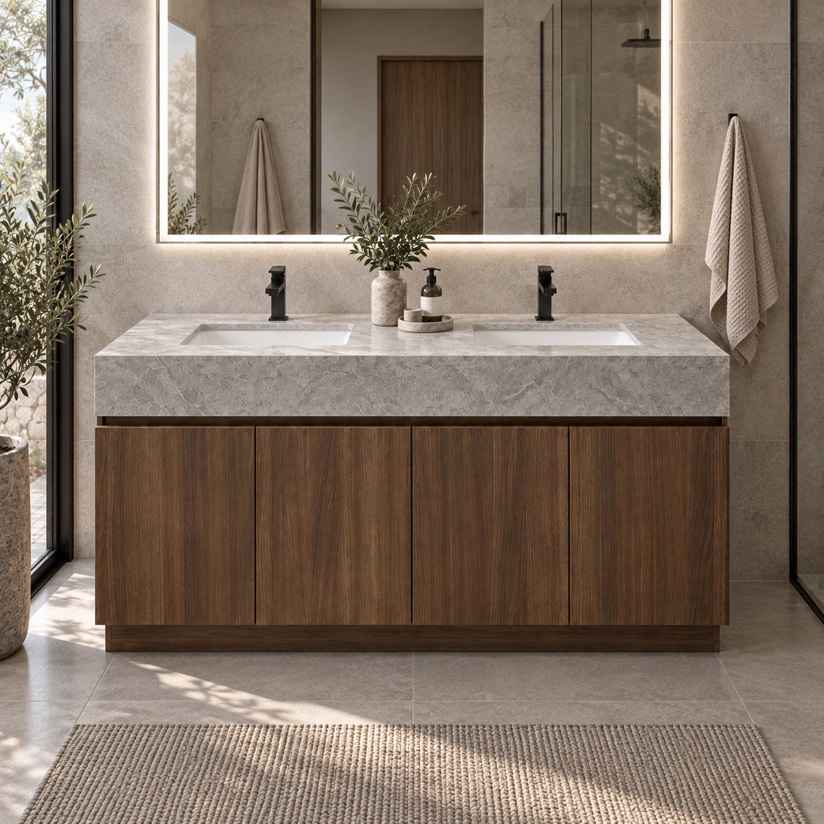 Freestanding double sink vanity in bright natural bathroom space