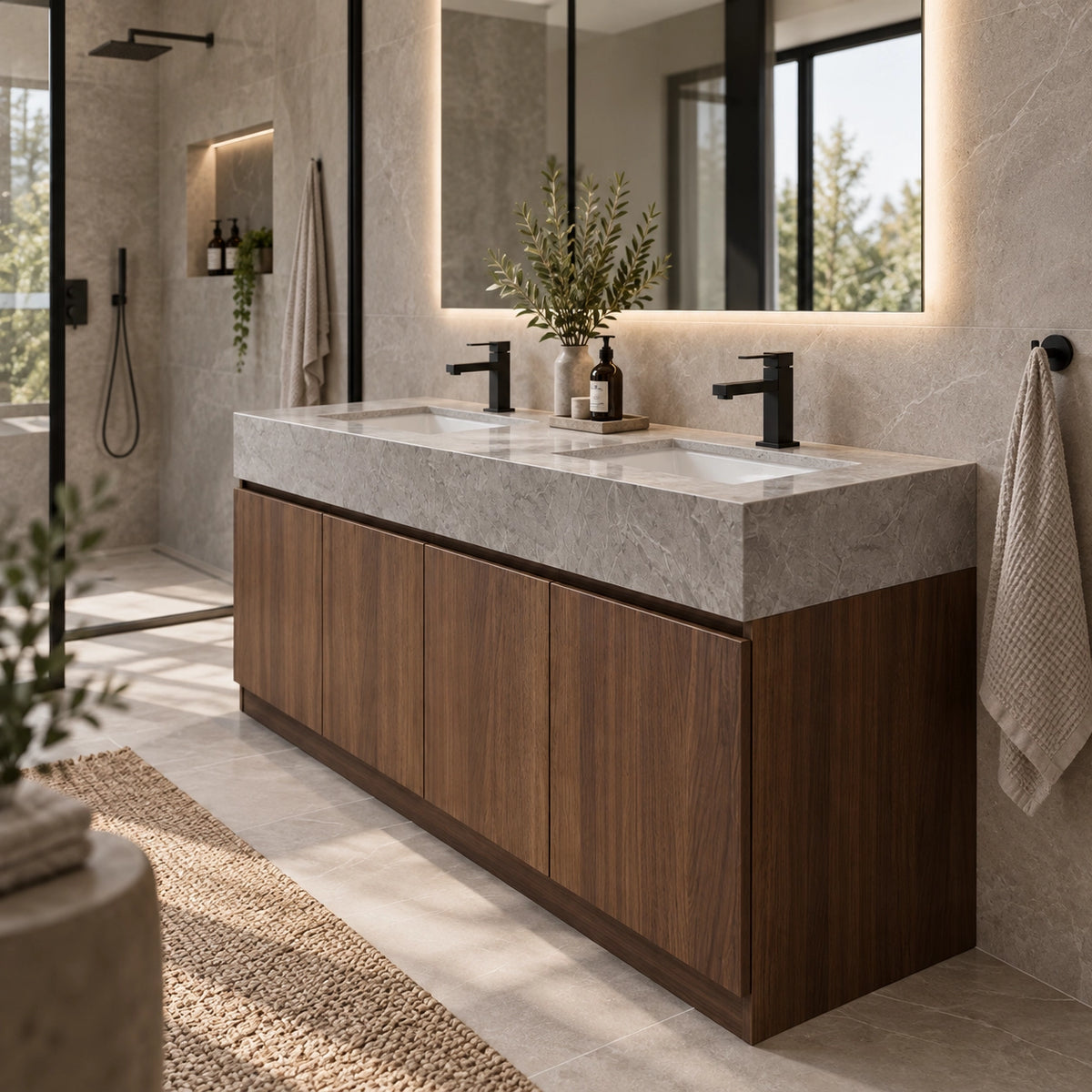 Wood grain bathroom vanity with stone countertop inside modern shower bathroom