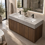 Floor‑standing double basin vanity next to bathtub in cozy bathroom