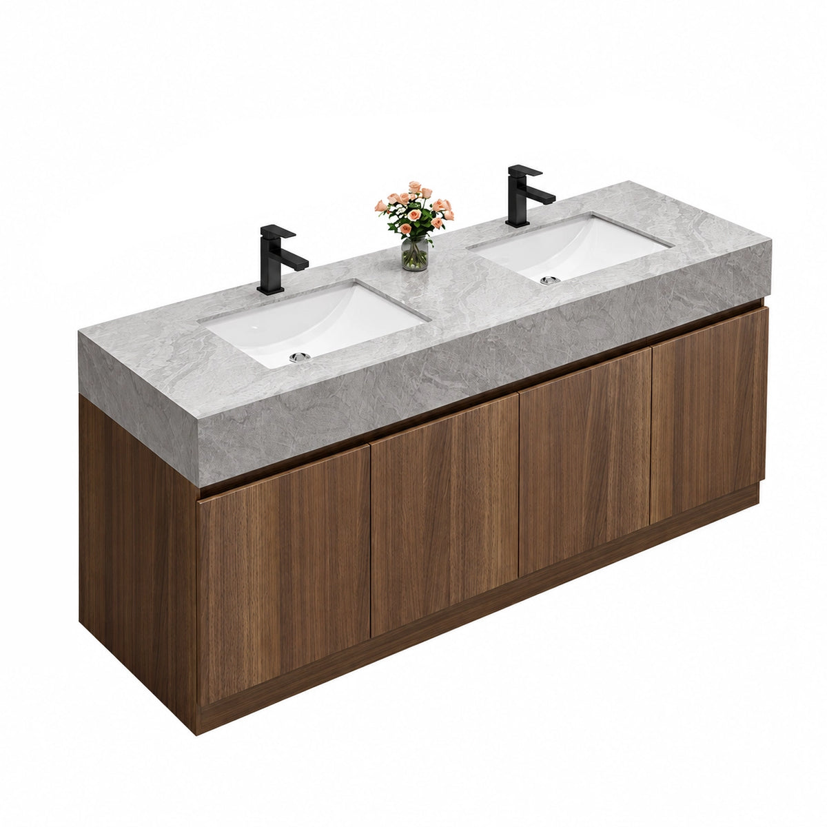 Freestanding double sink bathroom vanity, wood cabinet & grey stone countertop