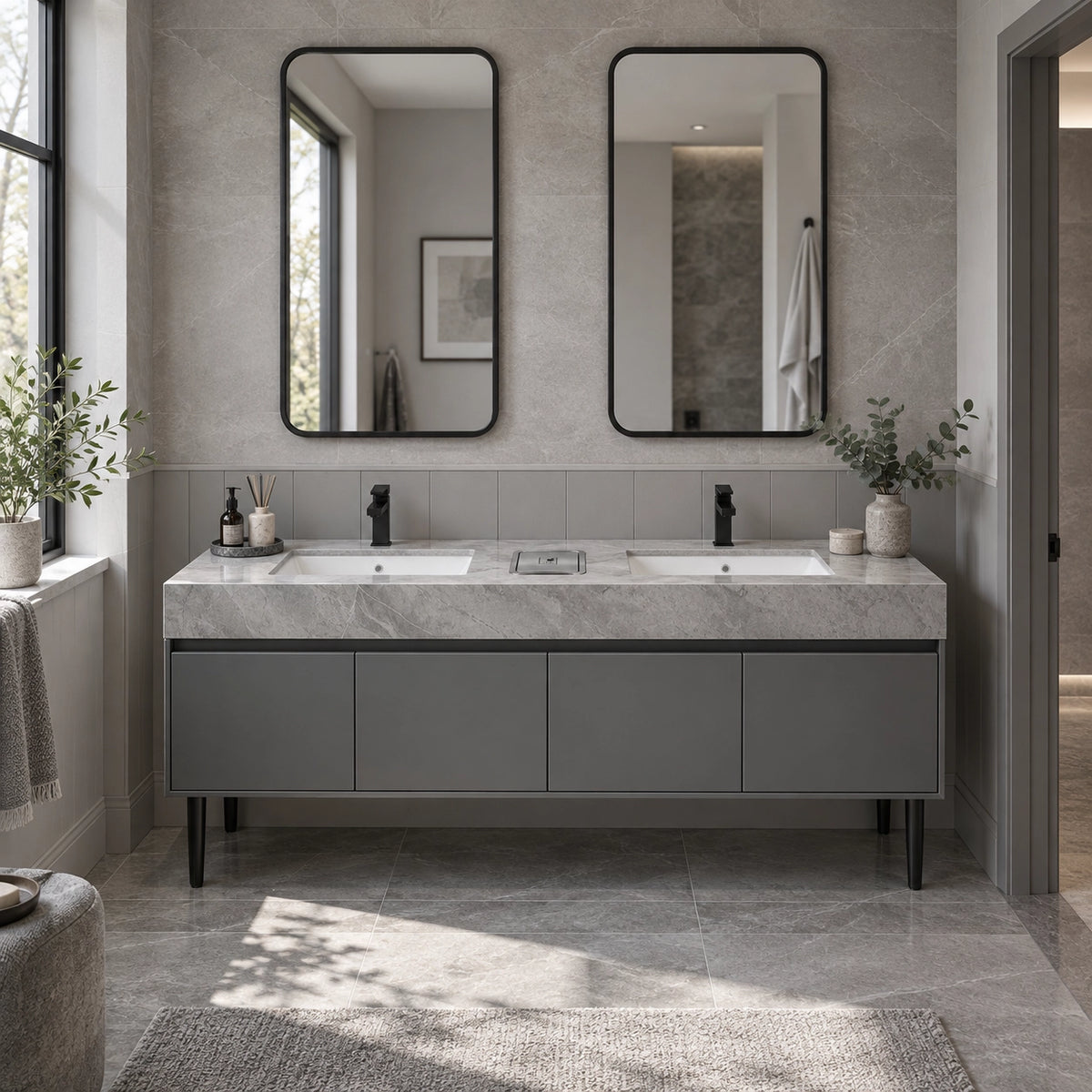 Freestanding double‑sink vanity in bright modern bathroom