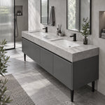 Grey freestanding dual basin vanity inside sunlit restroom