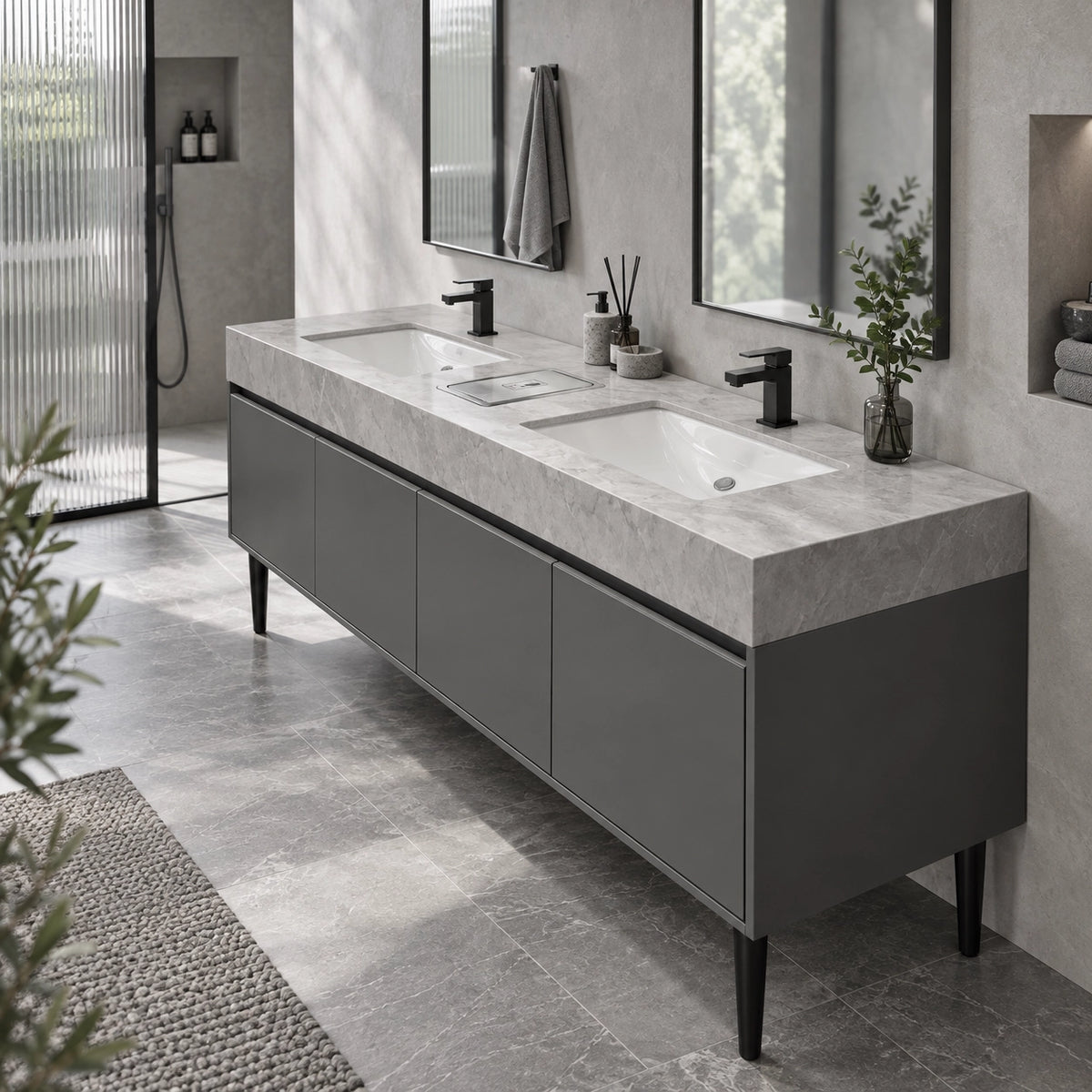 Grey freestanding dual basin vanity inside sunlit restroom