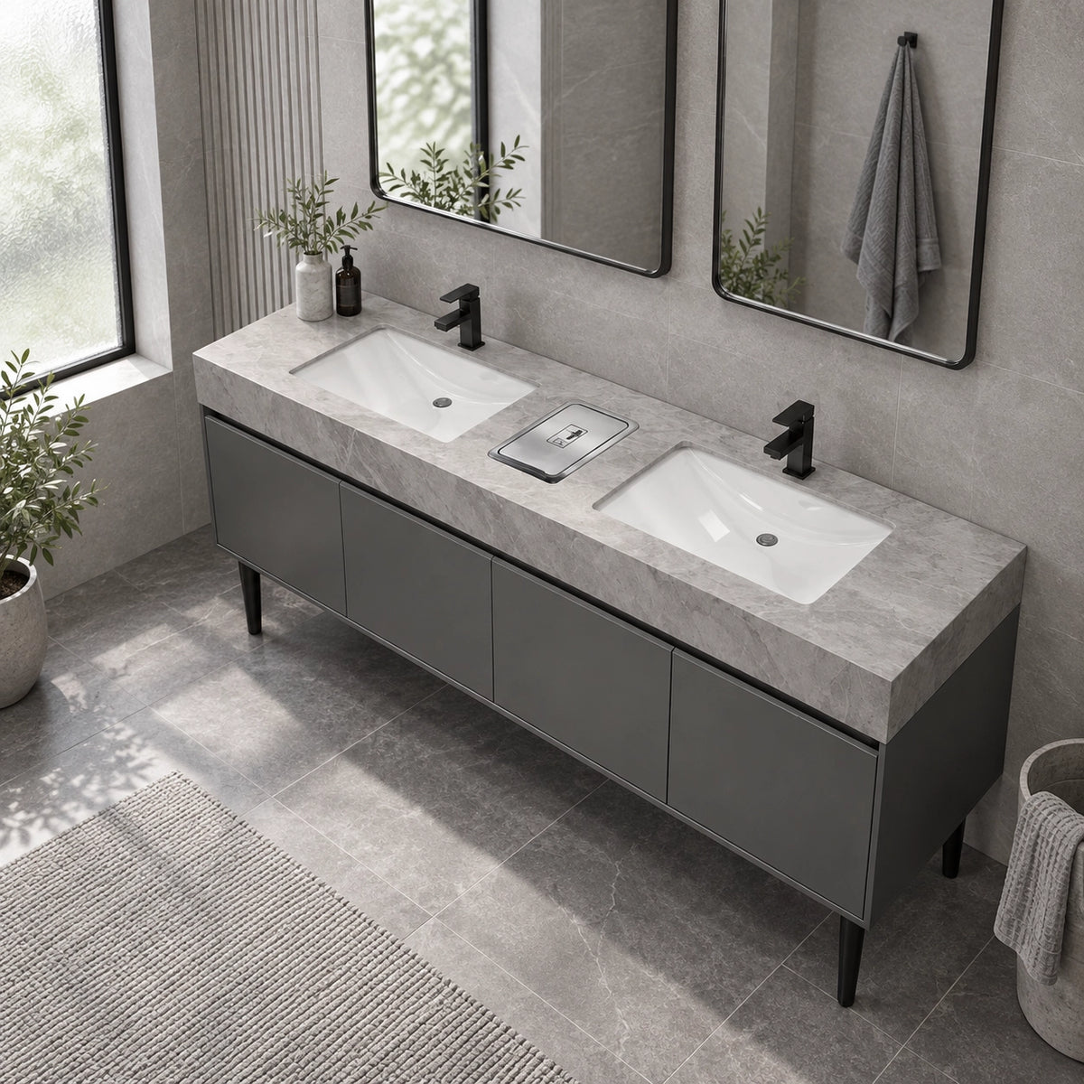 Freestanding bathroom vanity with engineered stone top in minimalist bath