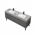Freestanding double‑sink bathroom vanity, stone top & cabinet storage