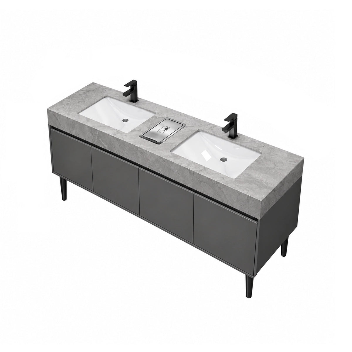 Freestanding double‑sink bathroom vanity, stone top & cabinet storage