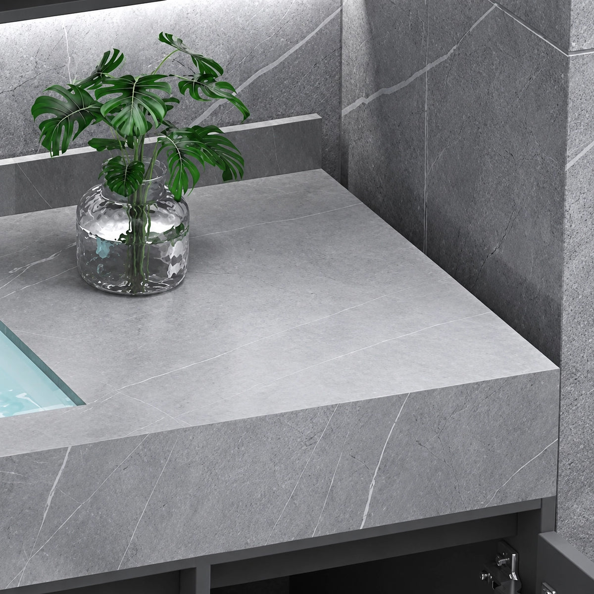 Close‑up of veined sintered stone countertop edge