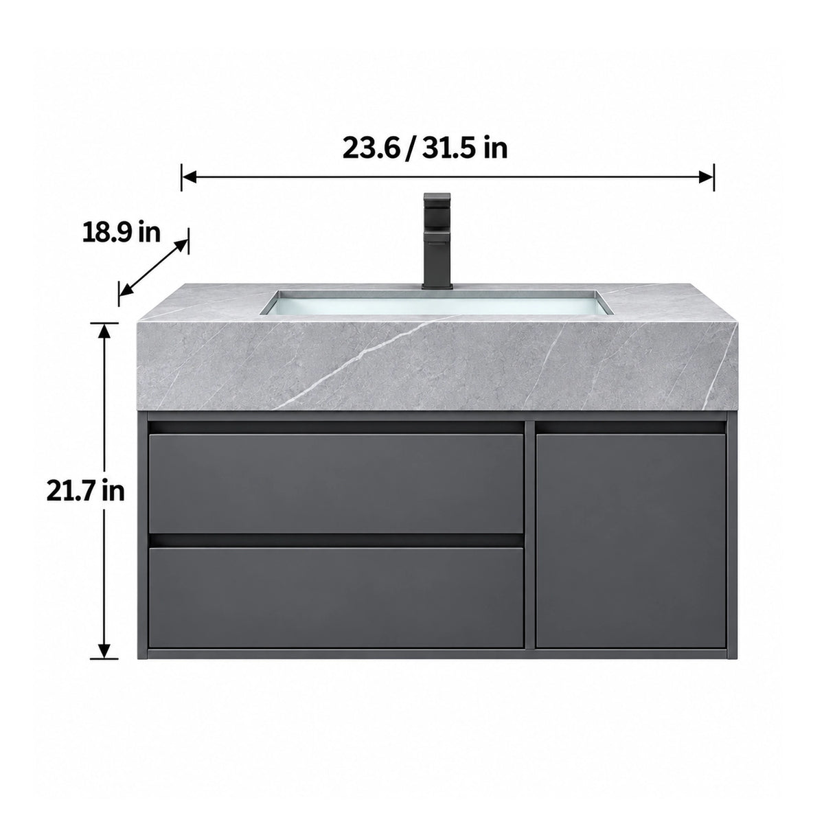 Dark gray floating bathroom vanity with dimension marks, 23.6-inch/31.5-inch