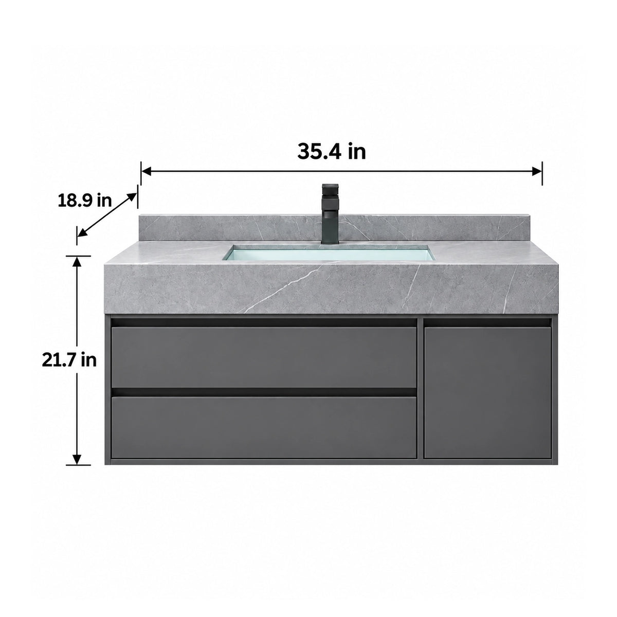 Dark gray wall-mounted bathroom vanity dimension diagram,35.4-inch