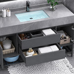Top‑down interior shot, vanity drawers pulled open for storage display