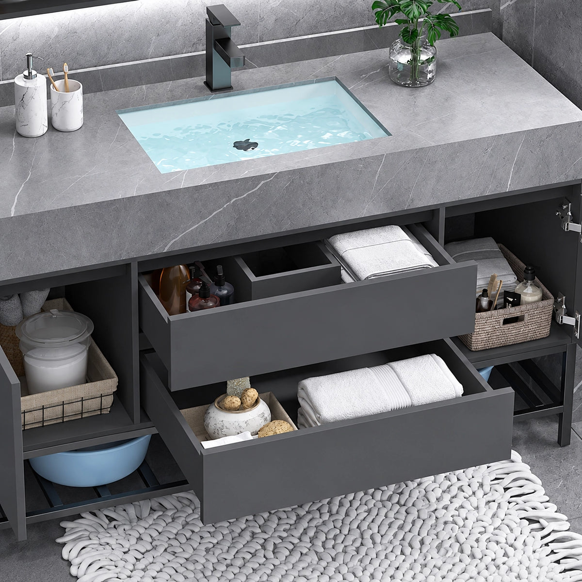 Top‑down interior shot, vanity drawers pulled open for storage display