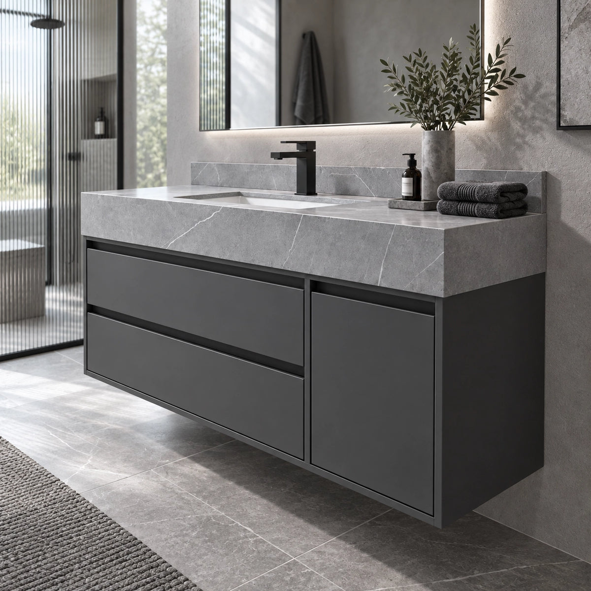Wall‑mount dark grey bathroom vanity inside sunlit restroom