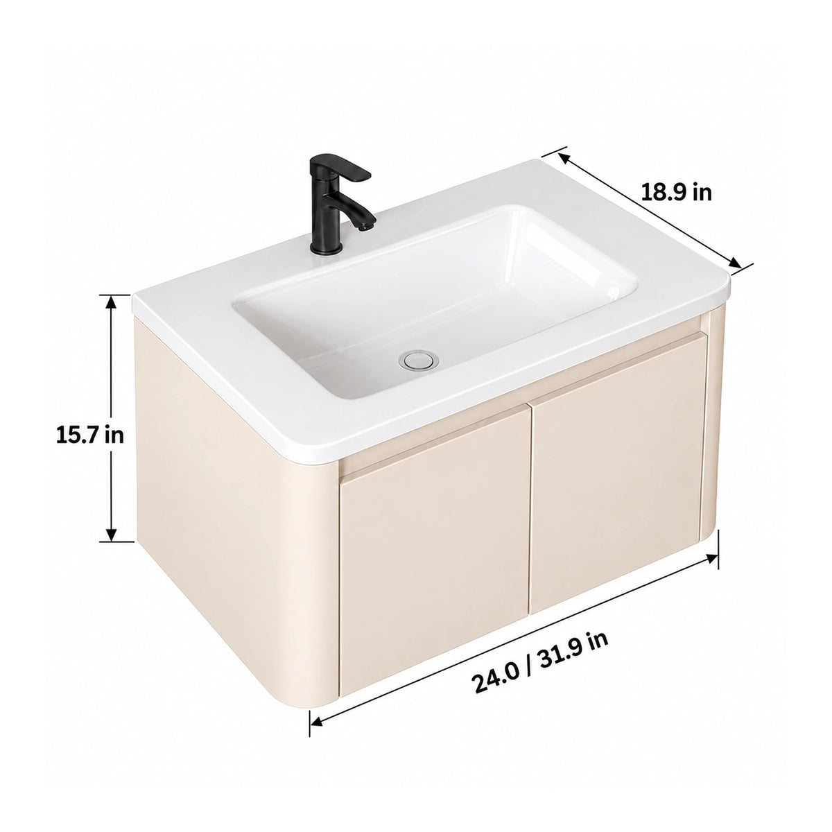 Cream wall‑mount vanity with size labels, 24 inch/31.9 inch