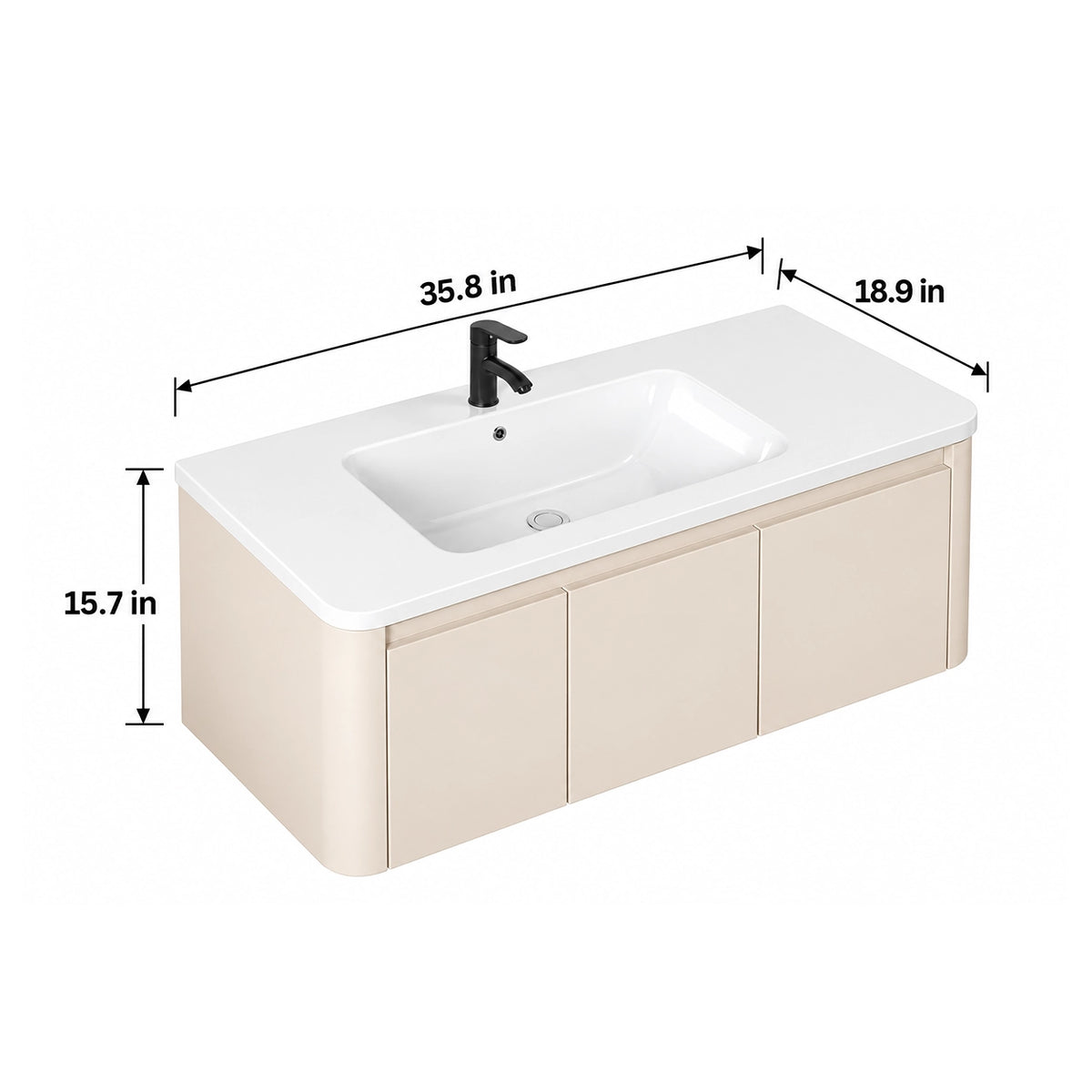 Cream floating bathroom vanity dimension diagram,35.8 inch.